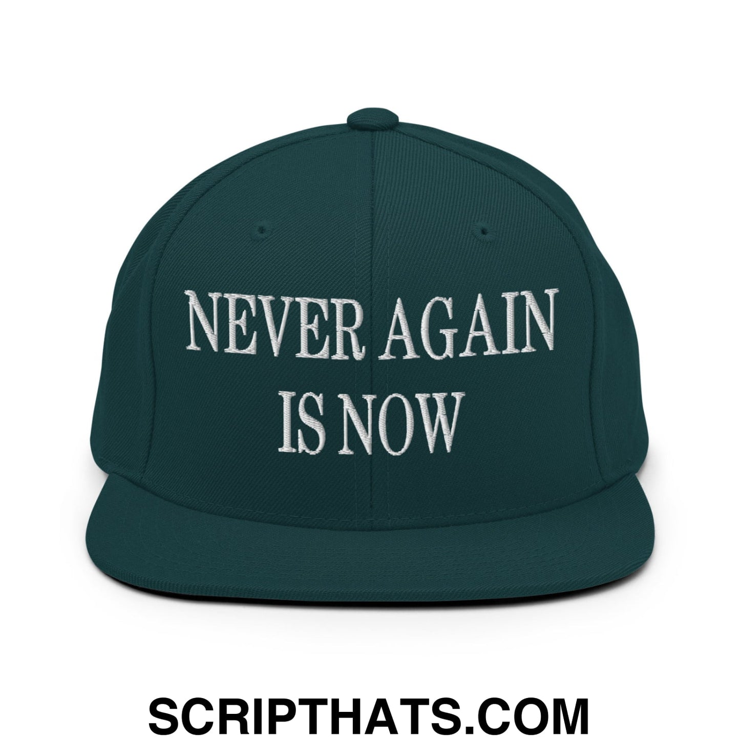 Never Again is Now Embroidered Flat Bill Brim Snapback Hat Spruce