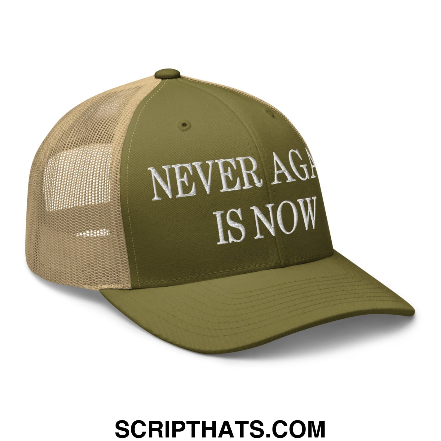 Never Again is Now Embroidered Mesh Trucker Hat Moss Khaki