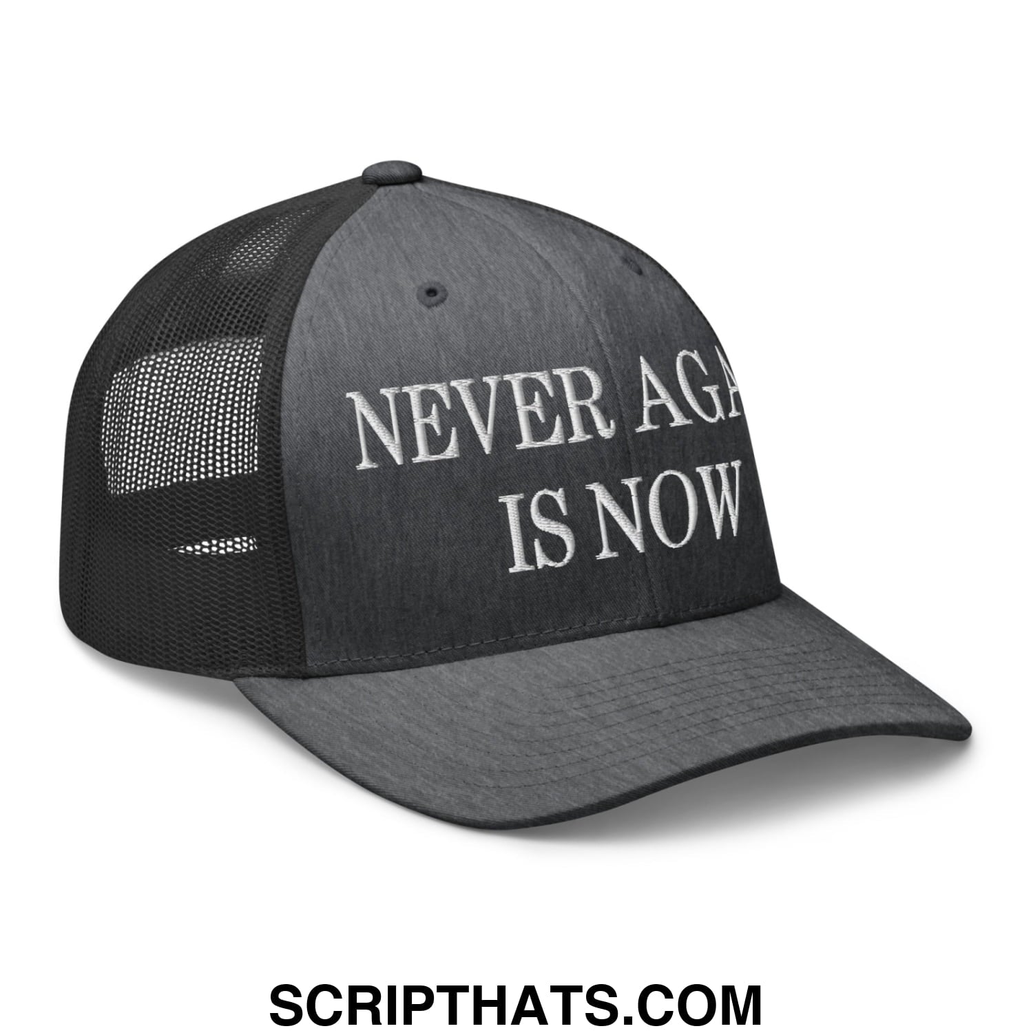 Never Again is Now Embroidered Mesh Trucker Hat Dark Heather Gray