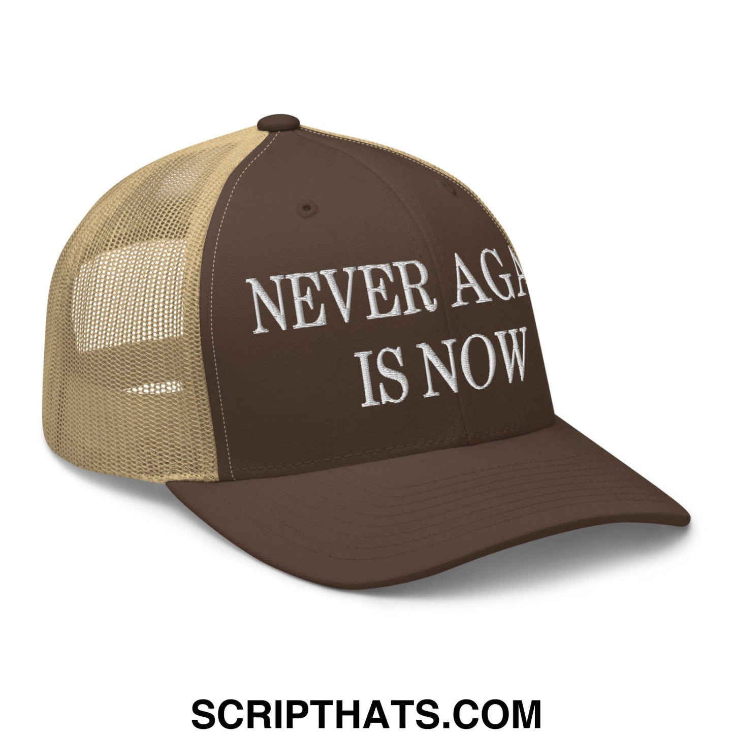 Never Again is Now Embroidered Mesh Trucker Hat Brown Khaki