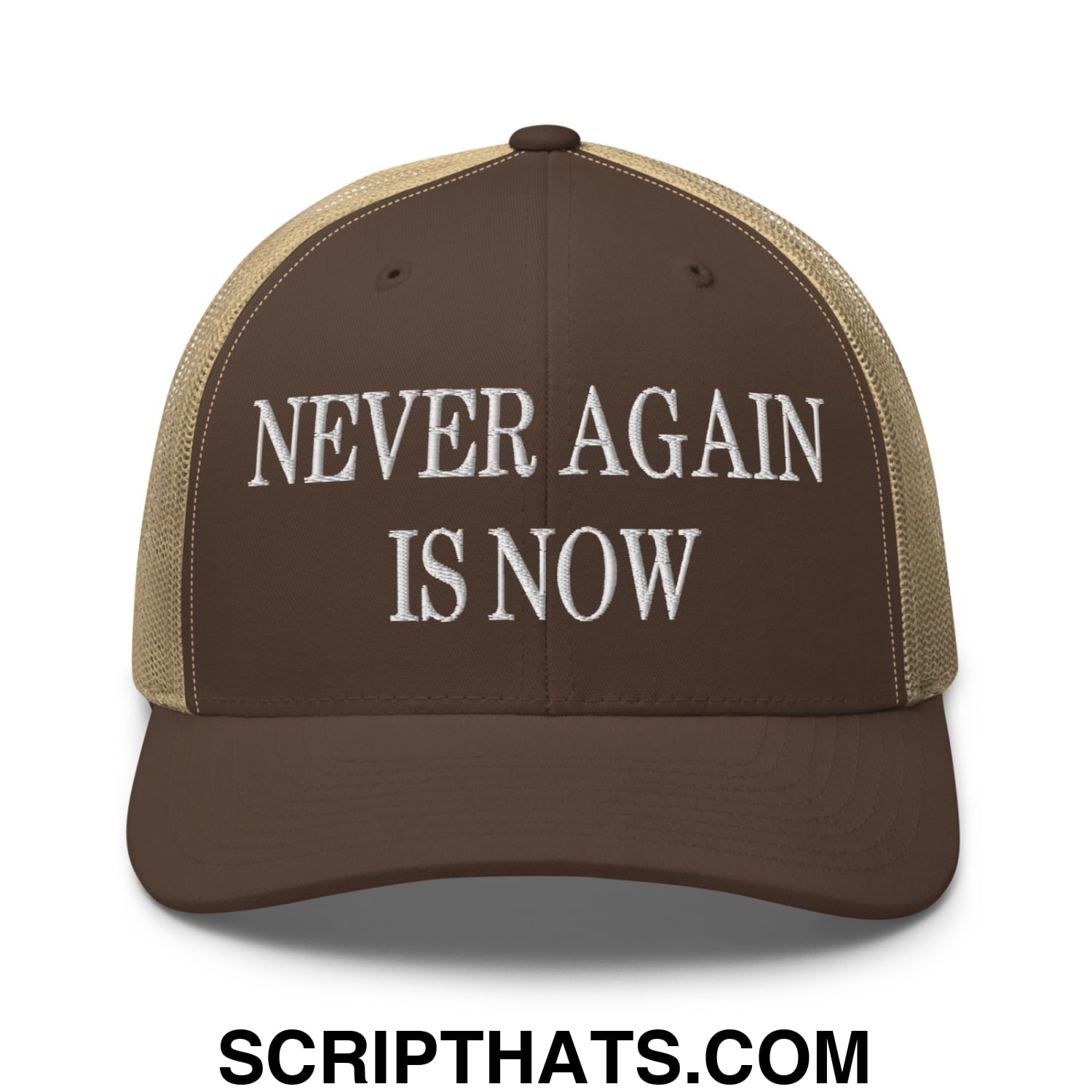 Never Again is Now Embroidered Mesh Trucker Hat Brown Khaki