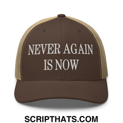 Never Again is Now Embroidered Mesh Trucker Hat Brown Khaki