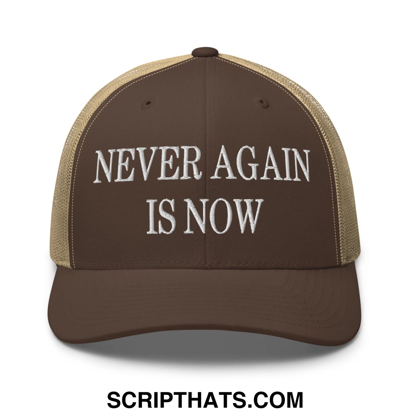 Never Again is Now Embroidered Mesh Trucker Hat Brown Khaki