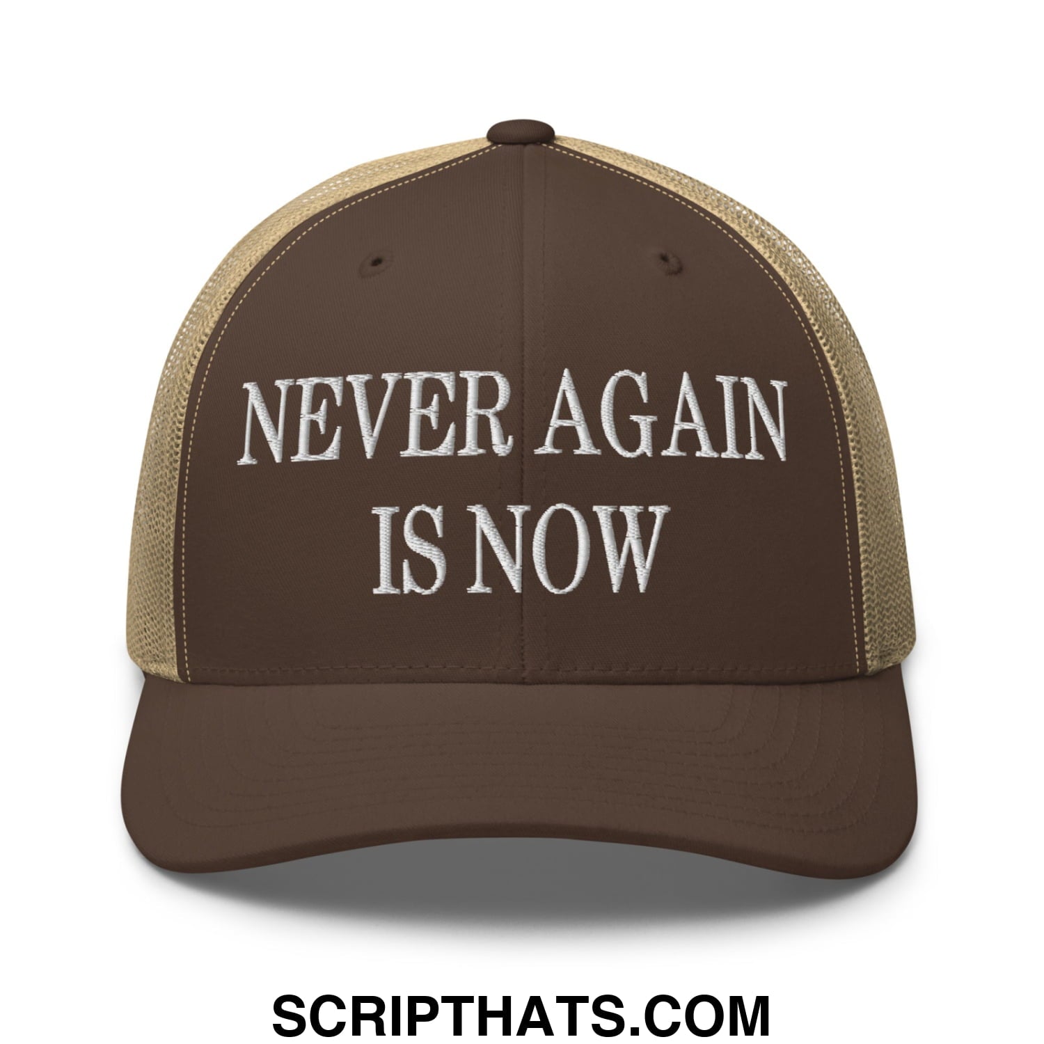 Never Again is Now Embroidered Mesh Trucker Hat Brown Khaki