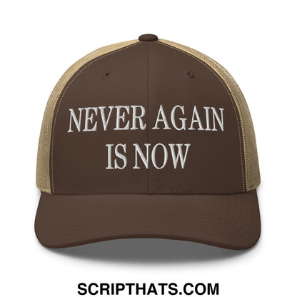 Never Again is Now Embroidered Mesh Trucker Hat Brown Khaki