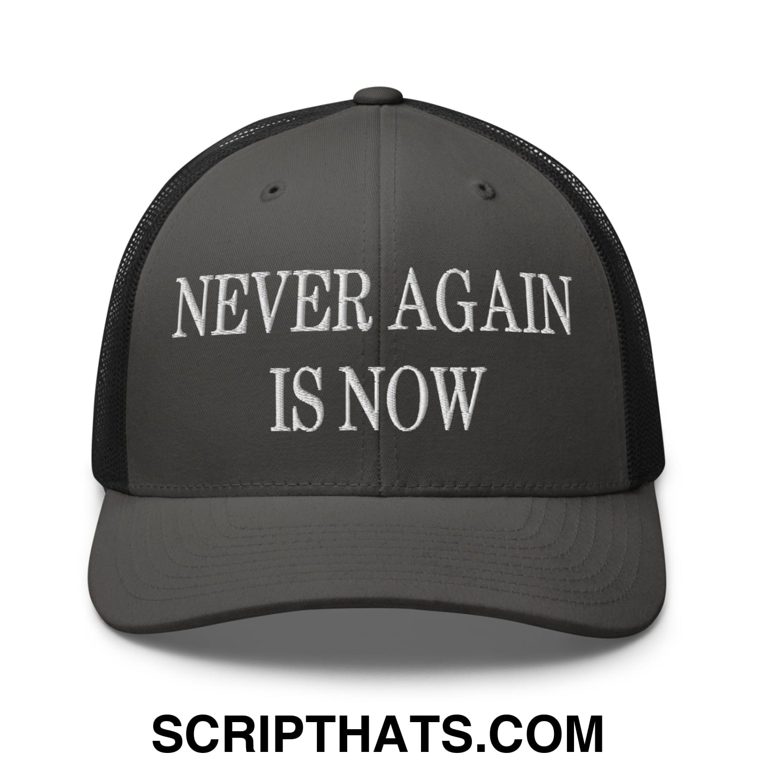Never Again is Now Embroidered Mesh Trucker Hat Charcoal Black