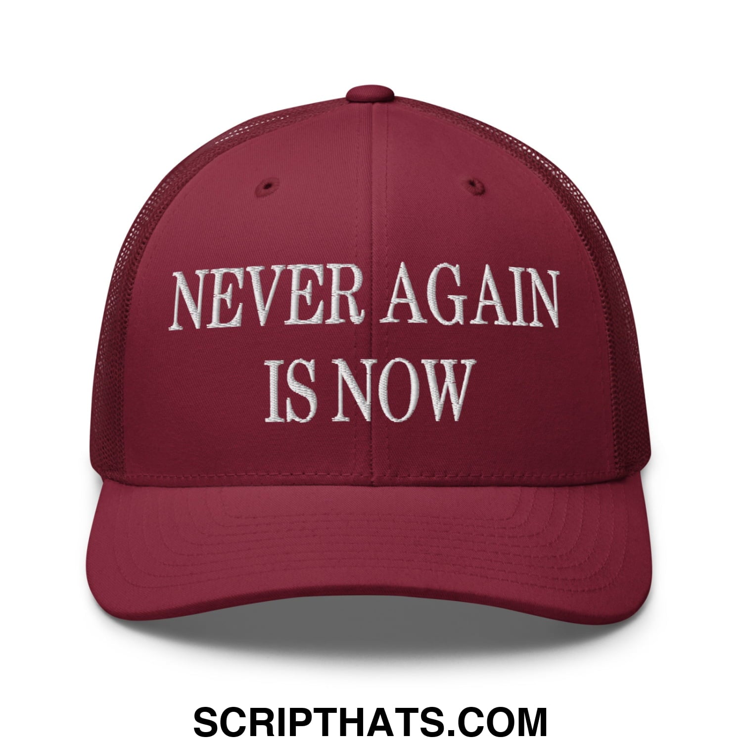 Never Again is Now Embroidered Mesh Trucker Hat Cranberry