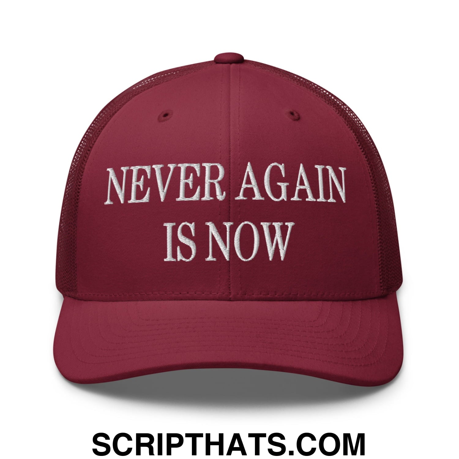 Never Again is Now Embroidered Mesh Trucker Hat Cranberry