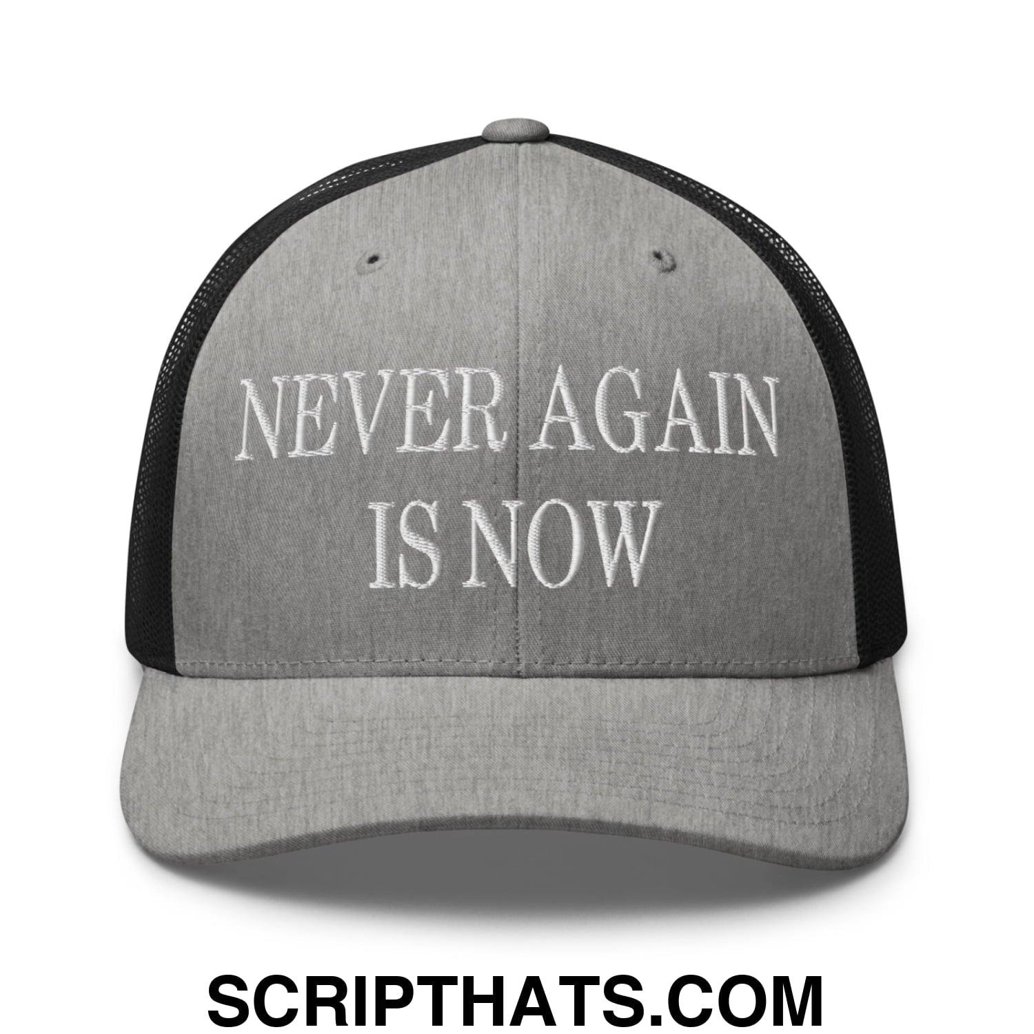 Never Again is Now Embroidered Mesh Trucker Hat Heather Black