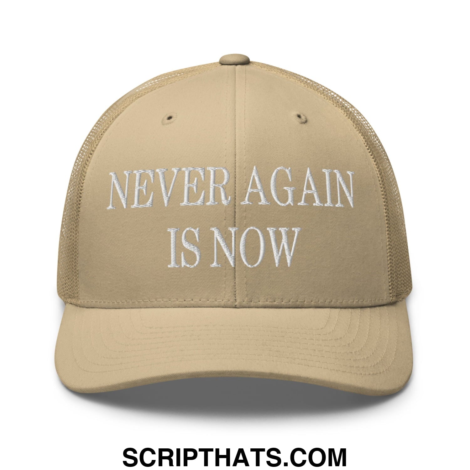 Never Again is Now Embroidered Mesh Trucker Hat Khaki