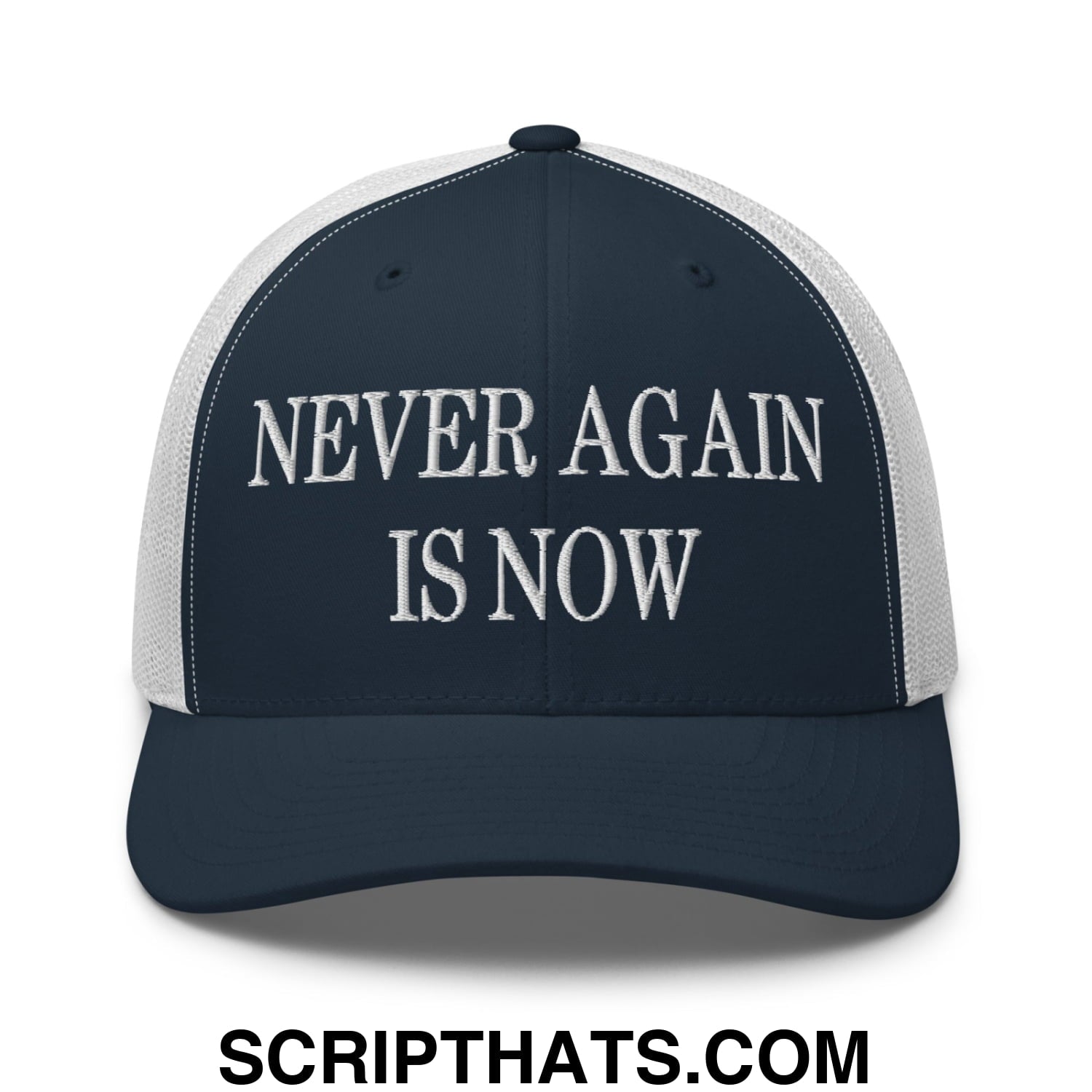 Never Again is Now Embroidered Mesh Trucker Hat Navy White