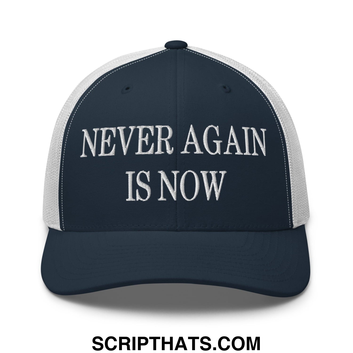 Never Again is Now Embroidered Mesh Trucker Hat Navy White