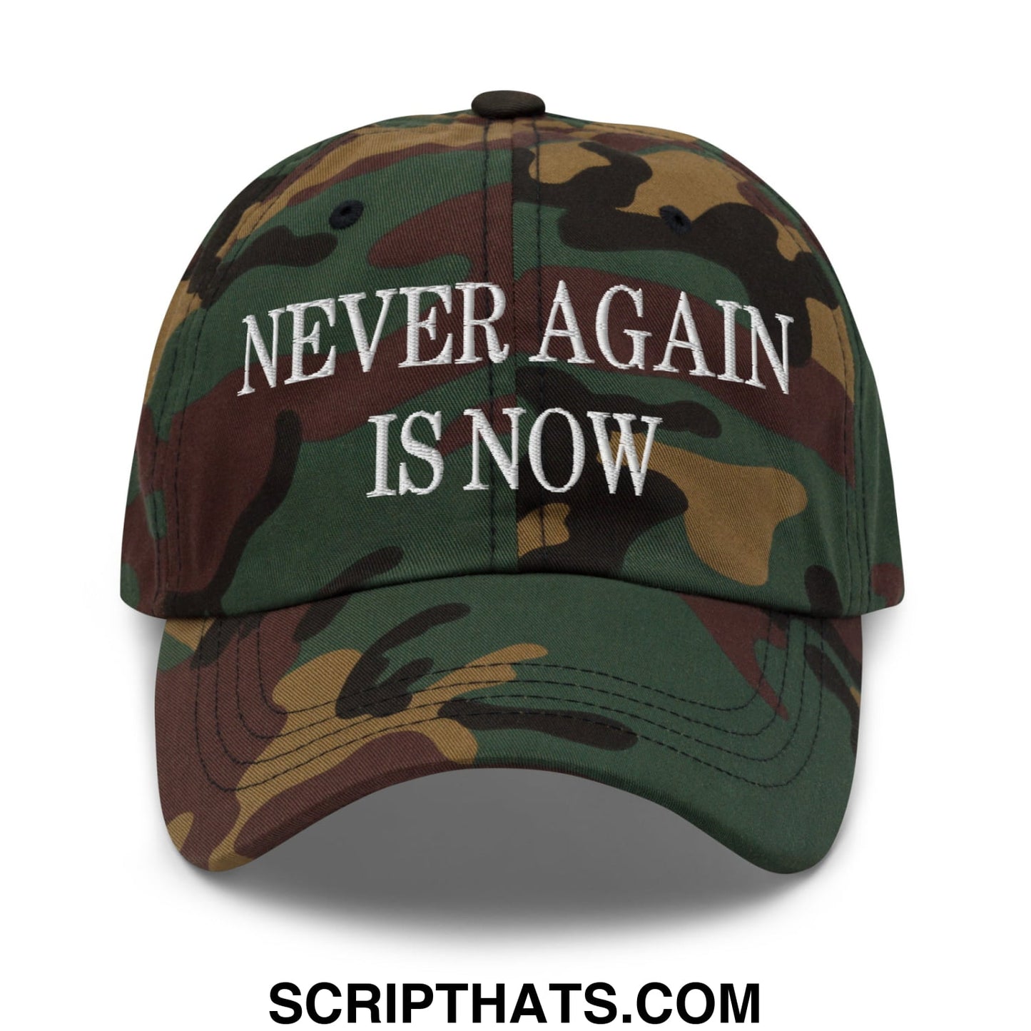 Never Again is Now Embroidered Unstructured Dad Hat Green Camo