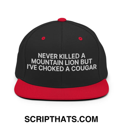Never Killed a Mountain Lion but I've Choked a Cougar Embroidered Flat Bill Brim Snapback Hat Black Red
