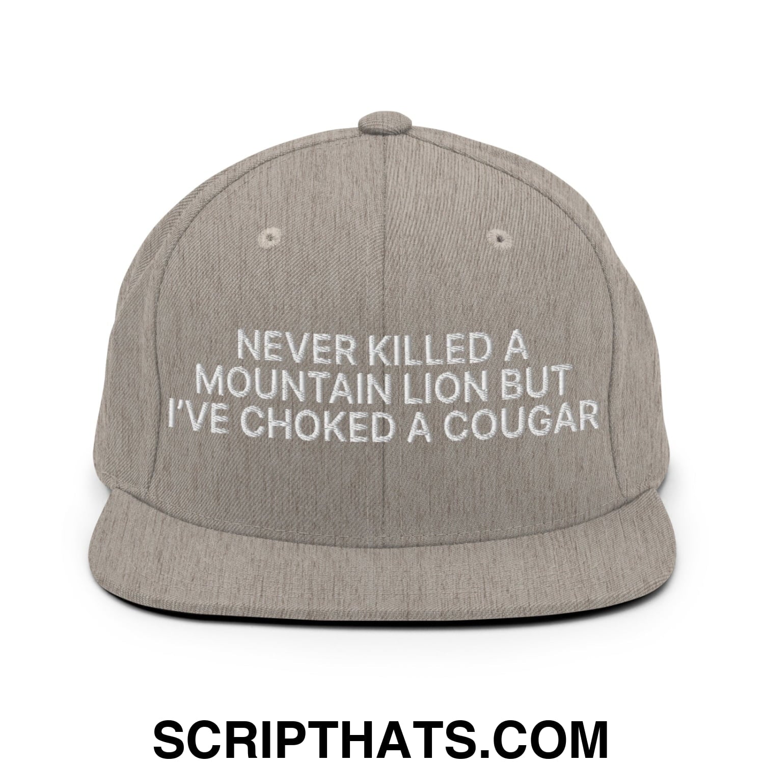 Never Killed a Mountain Lion but I've Choked a Cougar Embroidered Flat Bill Brim Snapback Hat Heather Grey