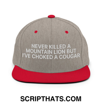 Never Killed a Mountain Lion but I've Choked a Cougar Embroidered Flat Bill Brim Snapback Hat Heather Grey Red