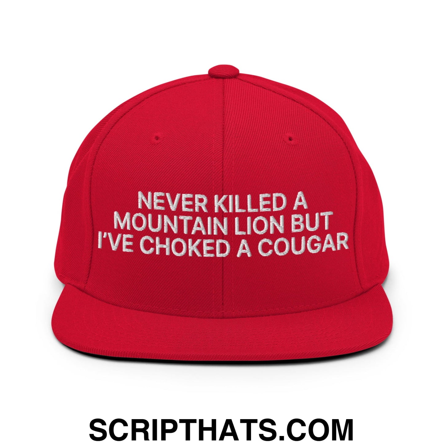 Never Killed a Mountain Lion but I've Choked a Cougar Embroidered Flat Bill Brim Snapback Hat Red