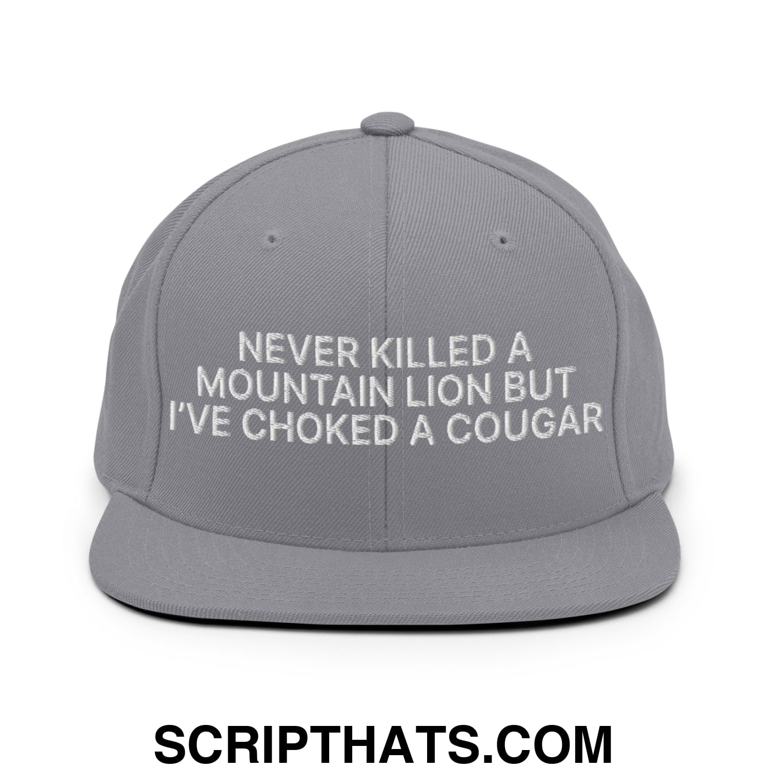 Never Killed a Mountain Lion but I've Choked a Cougar Embroidered Flat Bill Brim Snapback Hat Silver