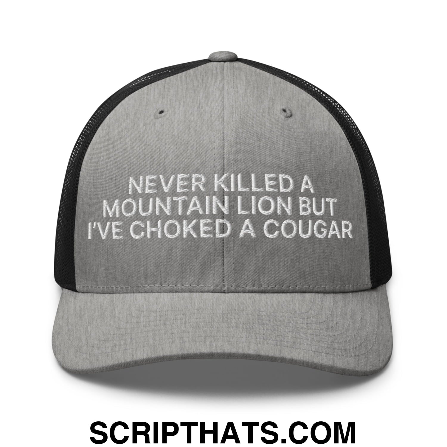 Never Killed a Mountain Lion but I've Choked a Cougar Embroidered Mesh Trucker Hat Heather Black