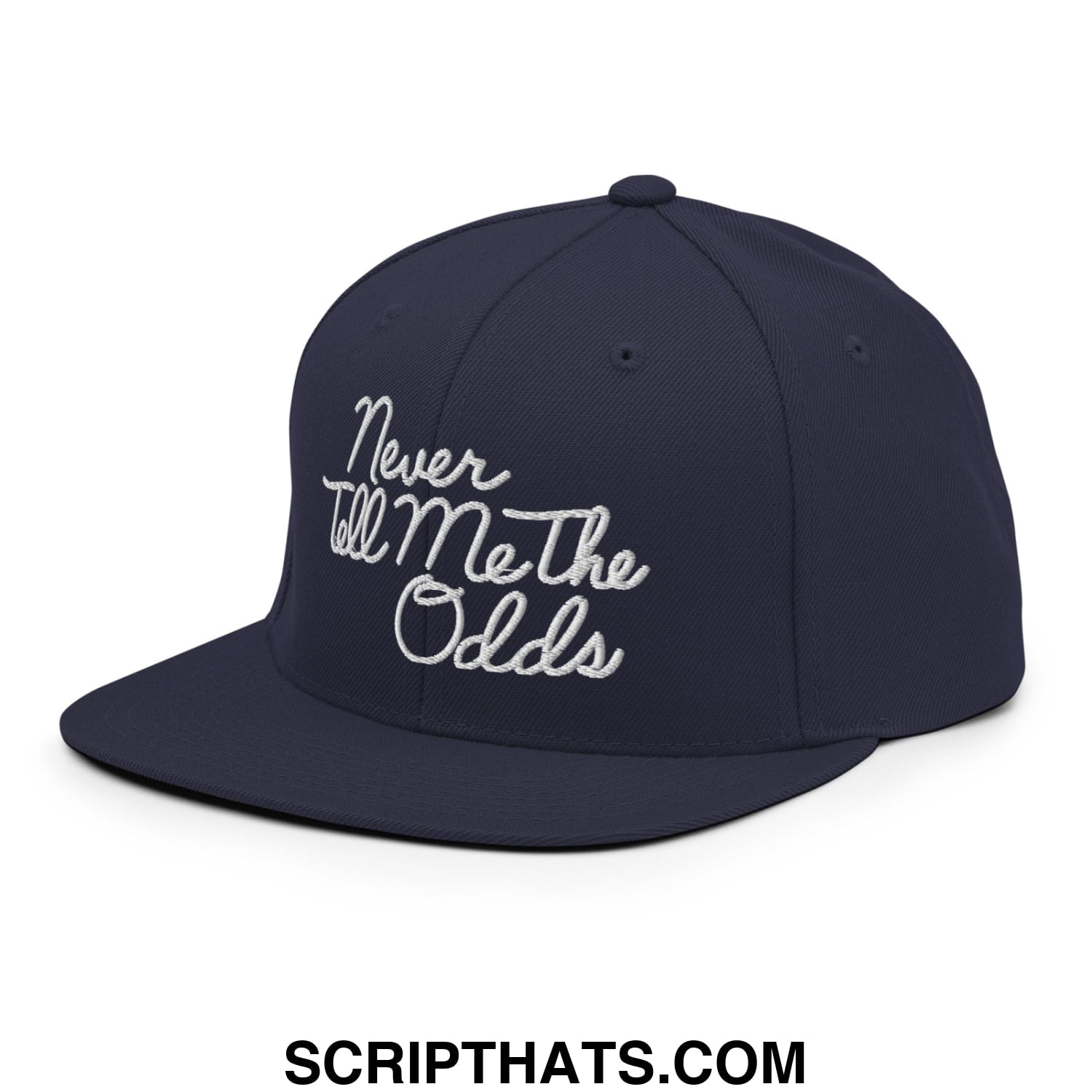 Never Tell Me The Odds Embroidered Flat Bill Brim Snapback Hat Navy