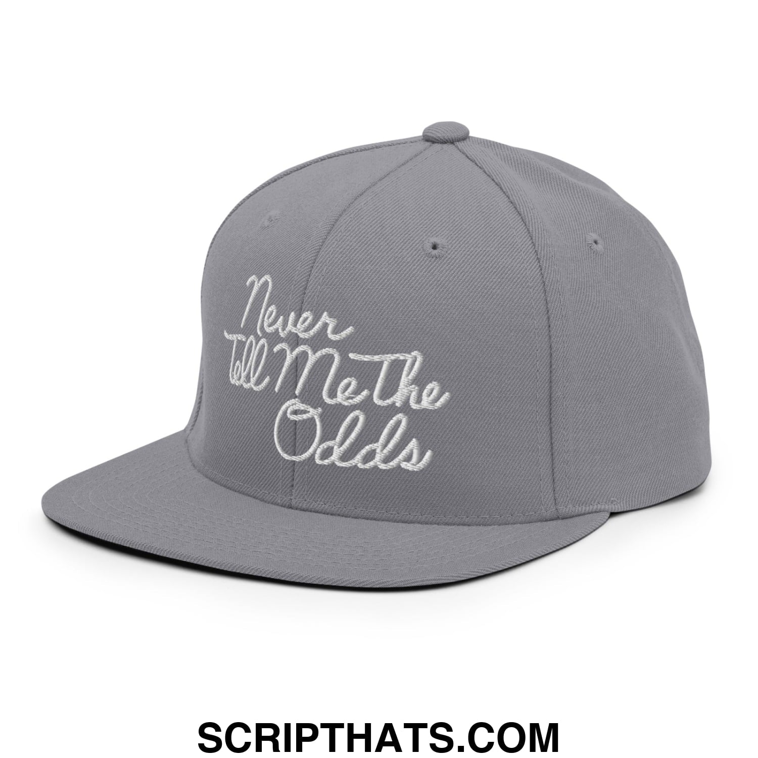 Never Tell Me The Odds Embroidered Flat Bill Brim Snapback Hat Silver