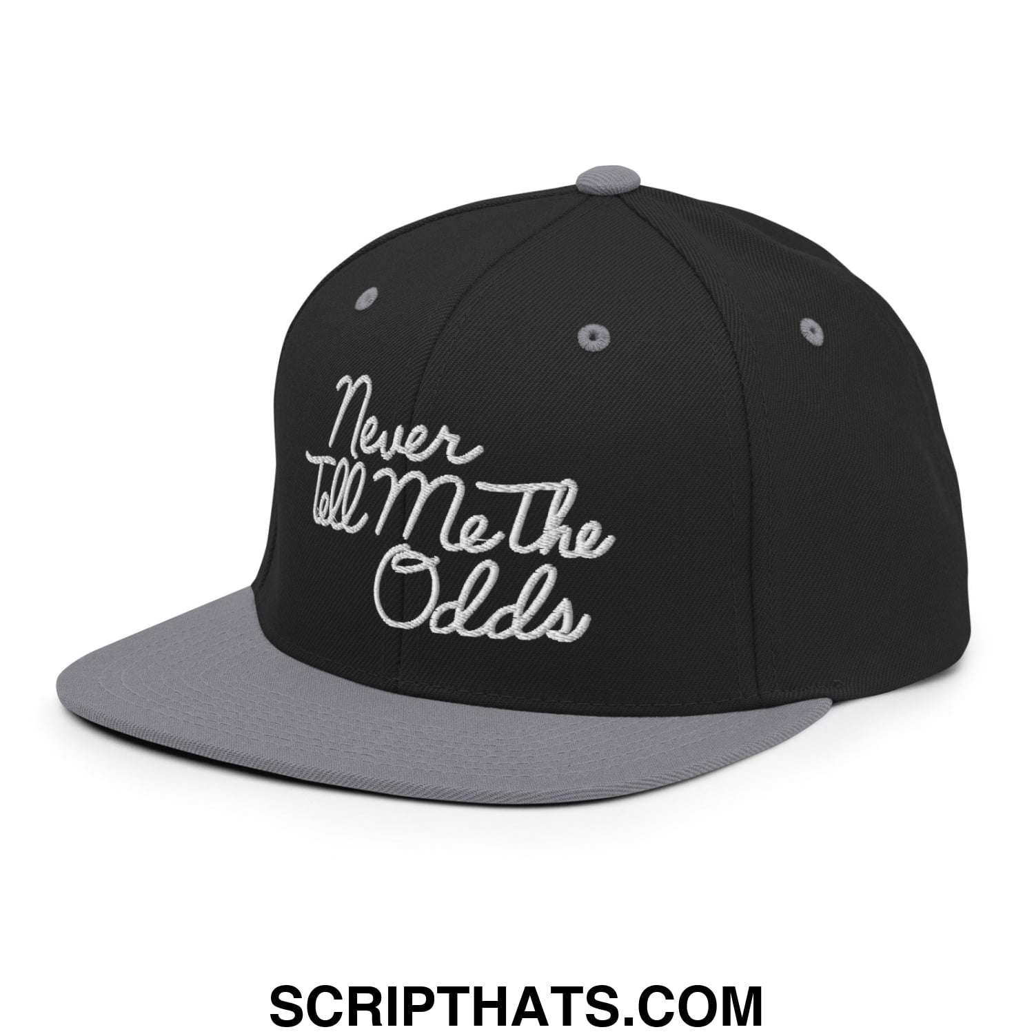 Never Tell Me The Odds Embroidered Flat Bill Brim Snapback Hat Black Silver