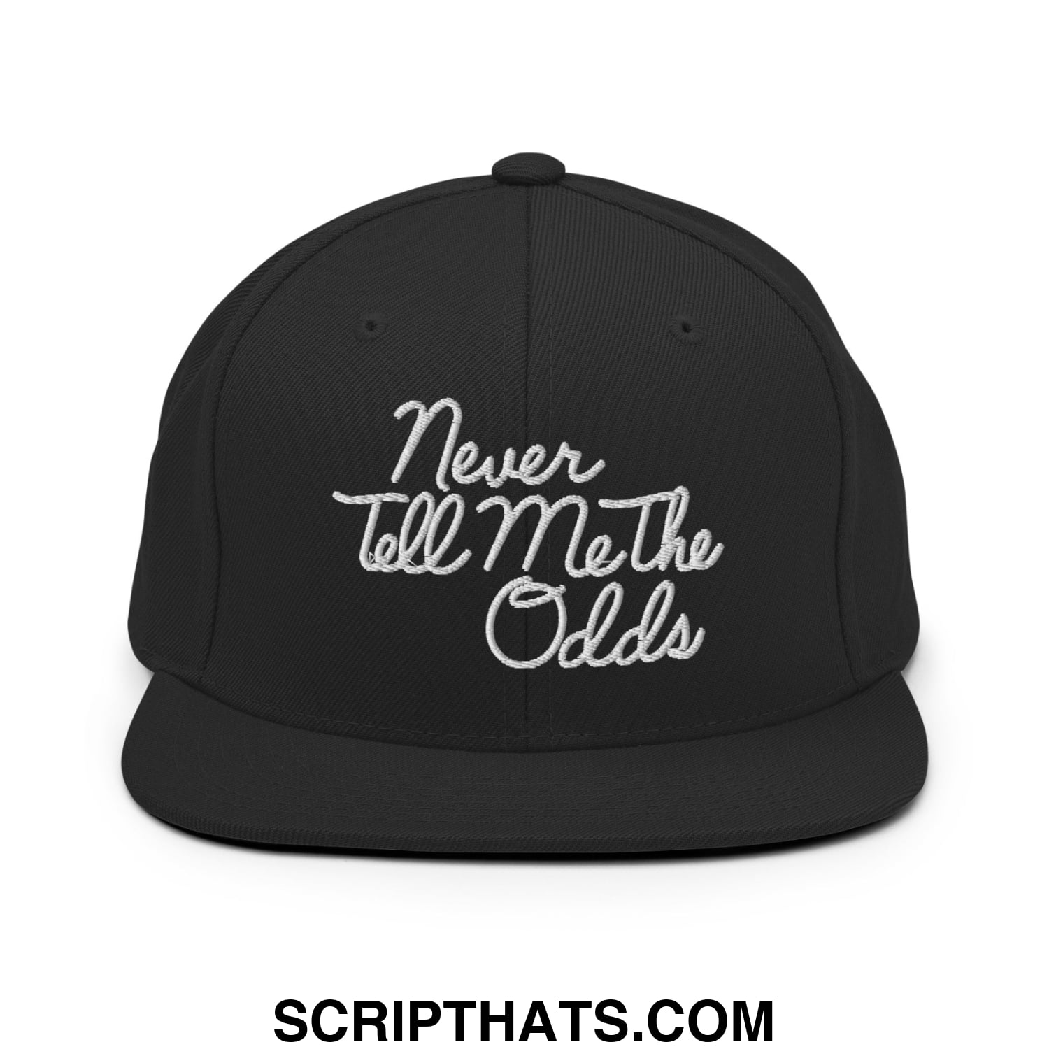 Never Tell Me The Odds Embroidered Flat Bill Brim Snapback Hat Black