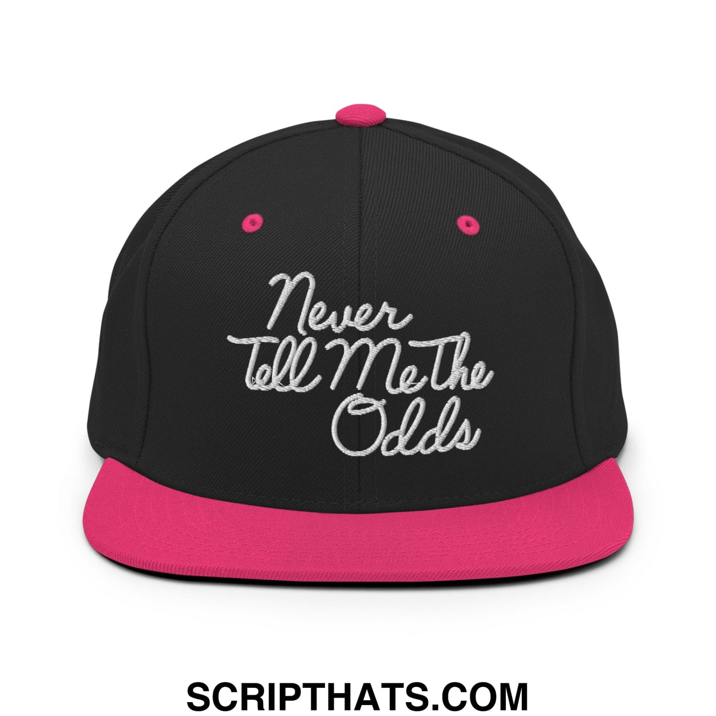 Never Tell Me The Odds Embroidered Flat Bill Brim Snapback Hat Black Neon Pink