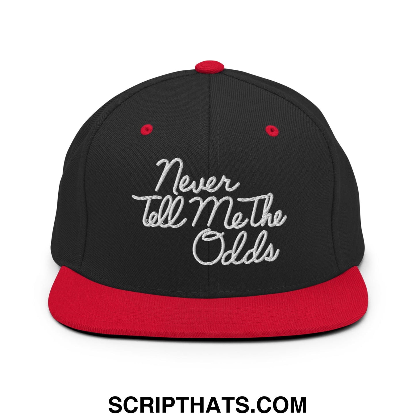 Never Tell Me The Odds Embroidered Flat Bill Brim Snapback Hat Black Red