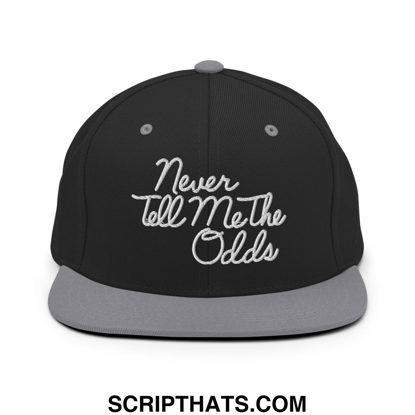 Never Tell Me The Odds Embroidered Flat Bill Brim Snapback Hat Black Silver