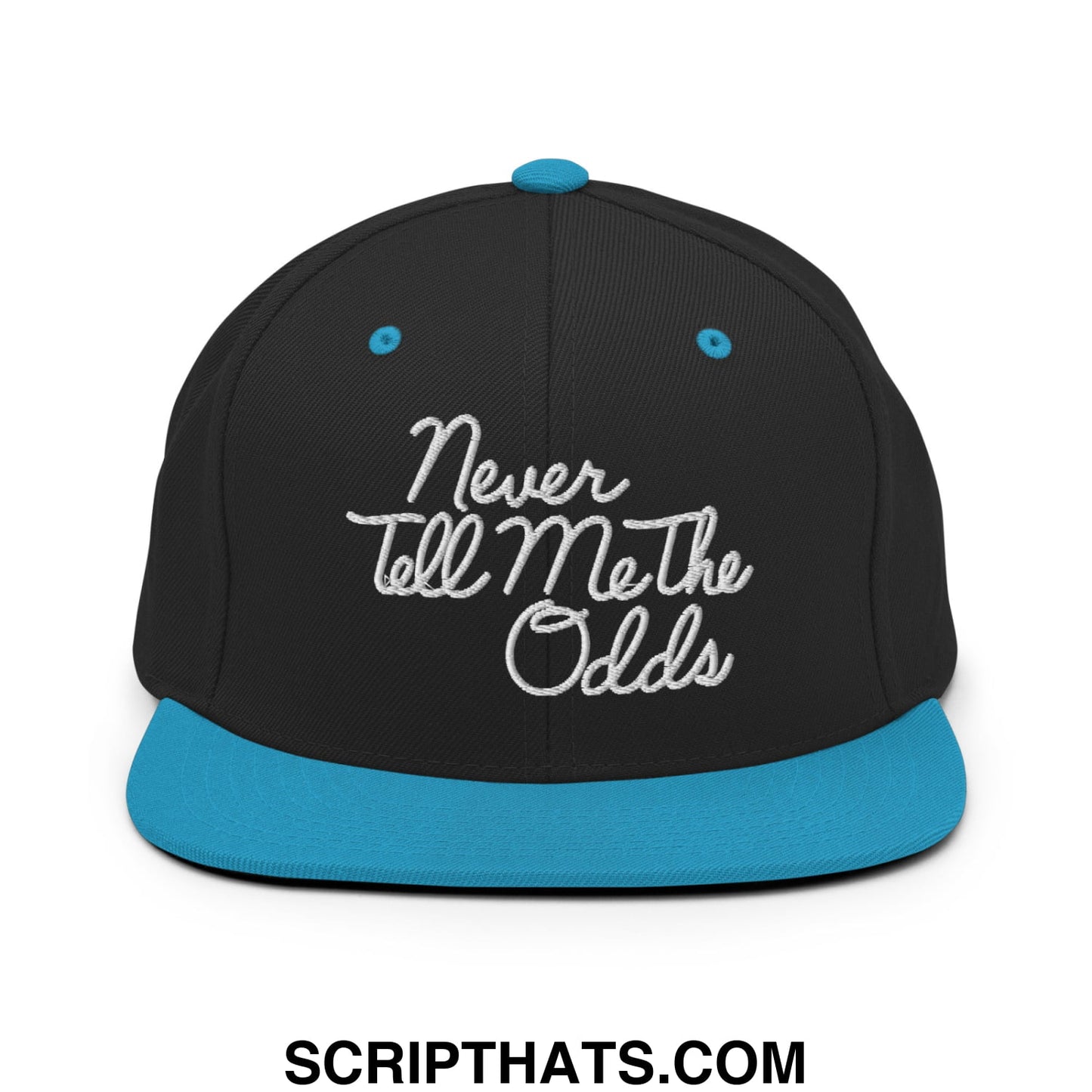Never Tell Me The Odds Embroidered Flat Bill Brim Snapback Hat Black Teal