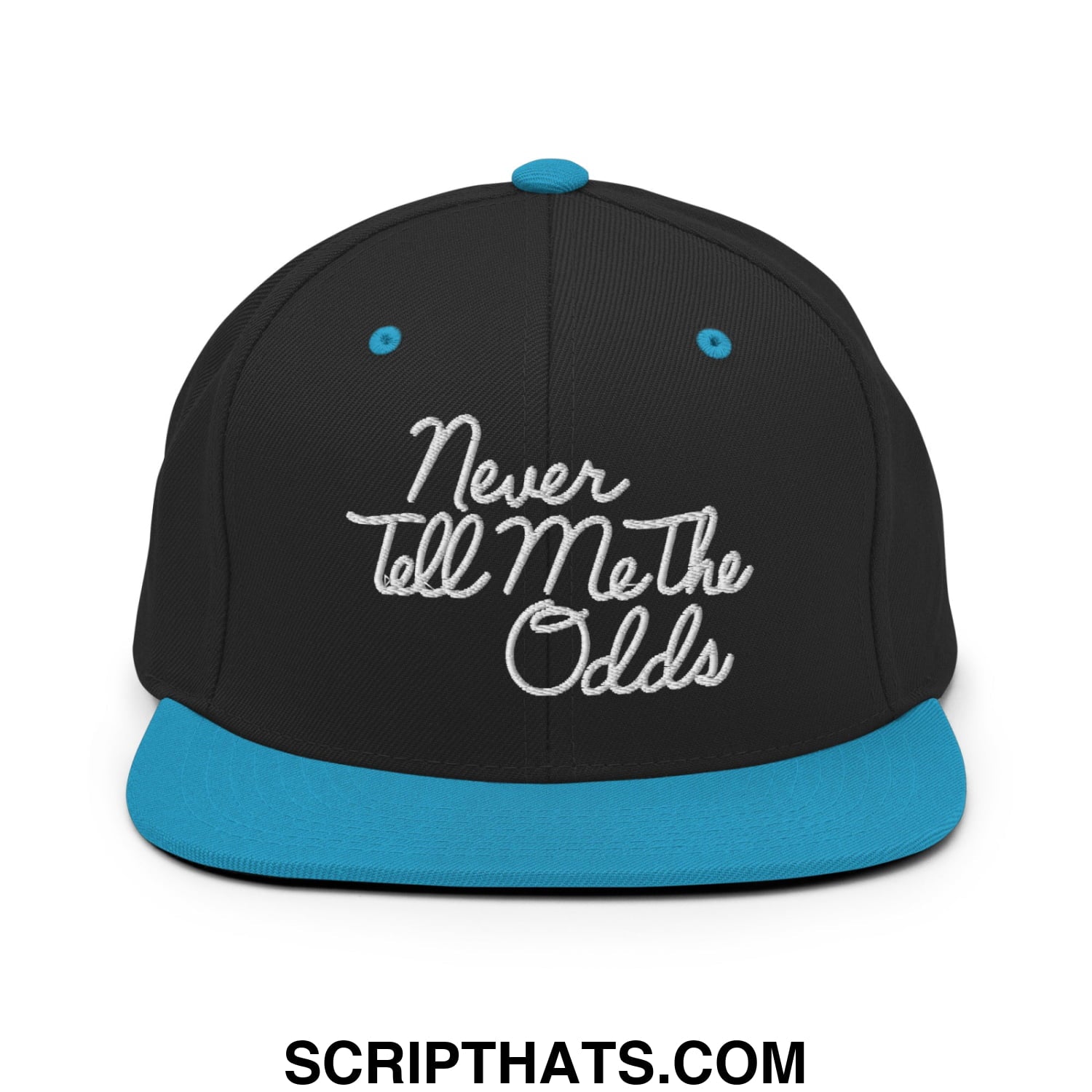 Never Tell Me The Odds Embroidered Flat Bill Brim Snapback Hat Black Teal