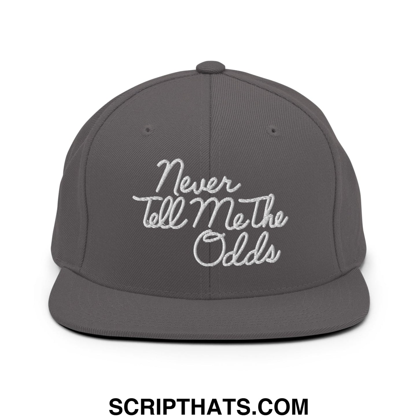 Never Tell Me The Odds Embroidered Flat Bill Brim Snapback Hat Dark Grey