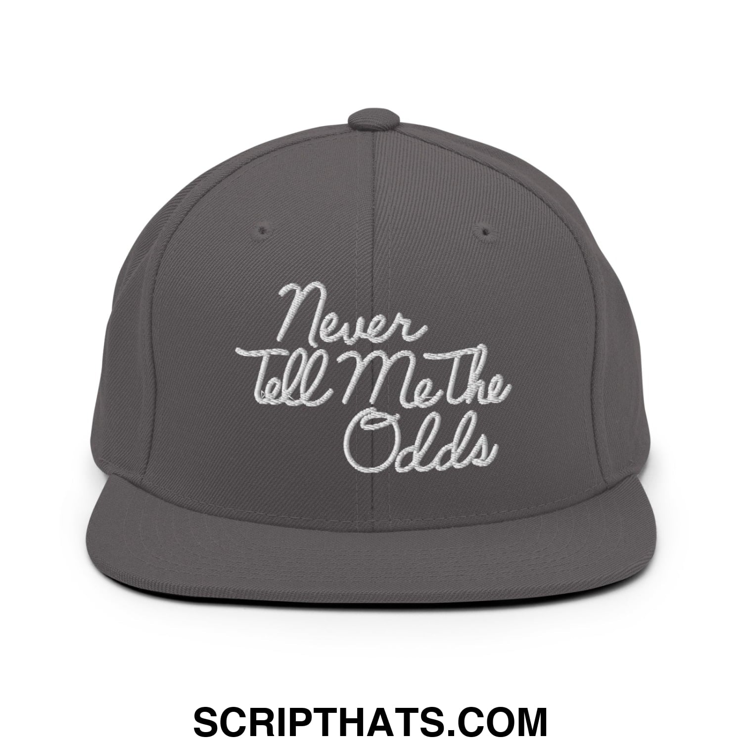 Never Tell Me The Odds Embroidered Flat Bill Brim Snapback Hat Dark Grey
