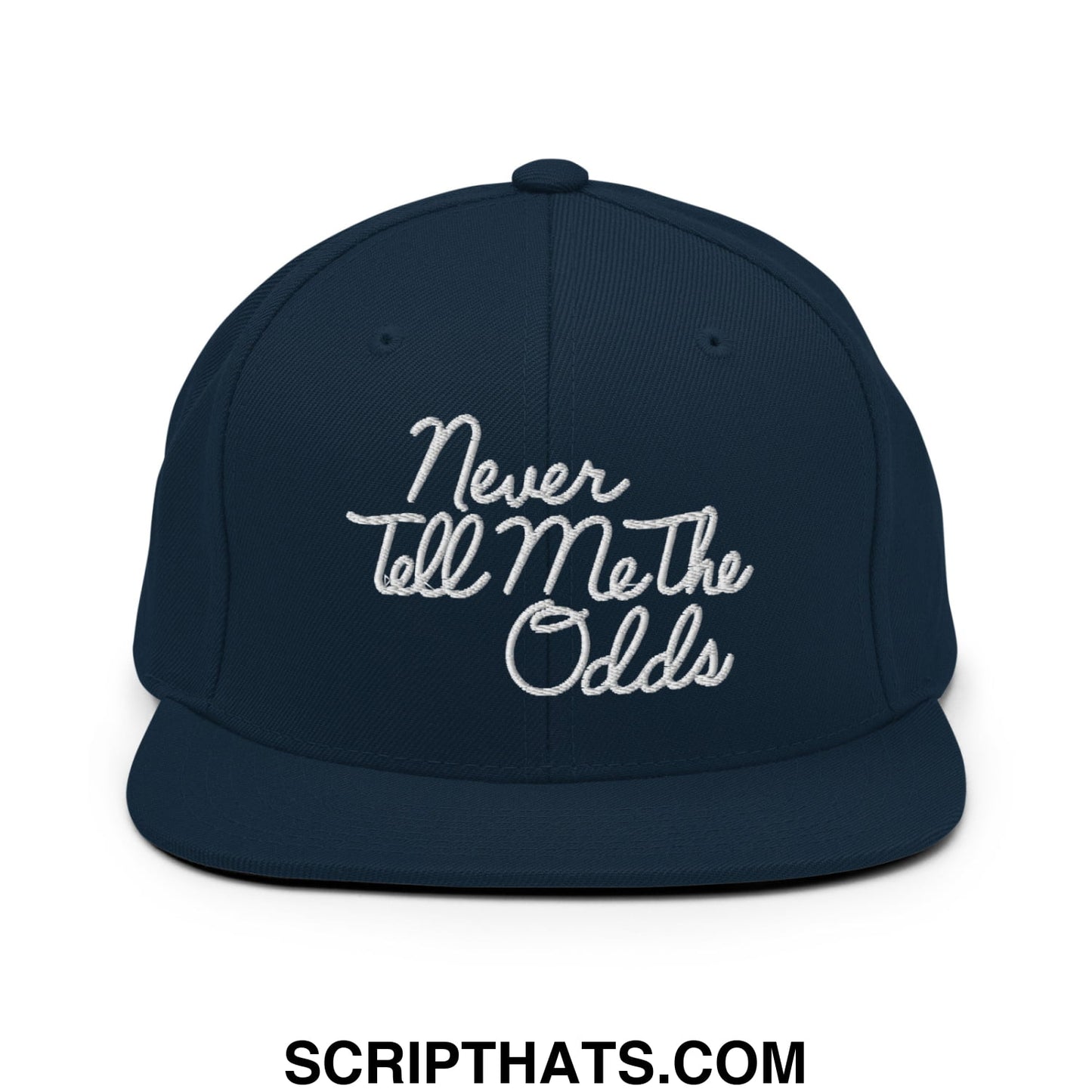 Never Tell Me The Odds Embroidered Flat Bill Brim Snapback Hat Dark Navy