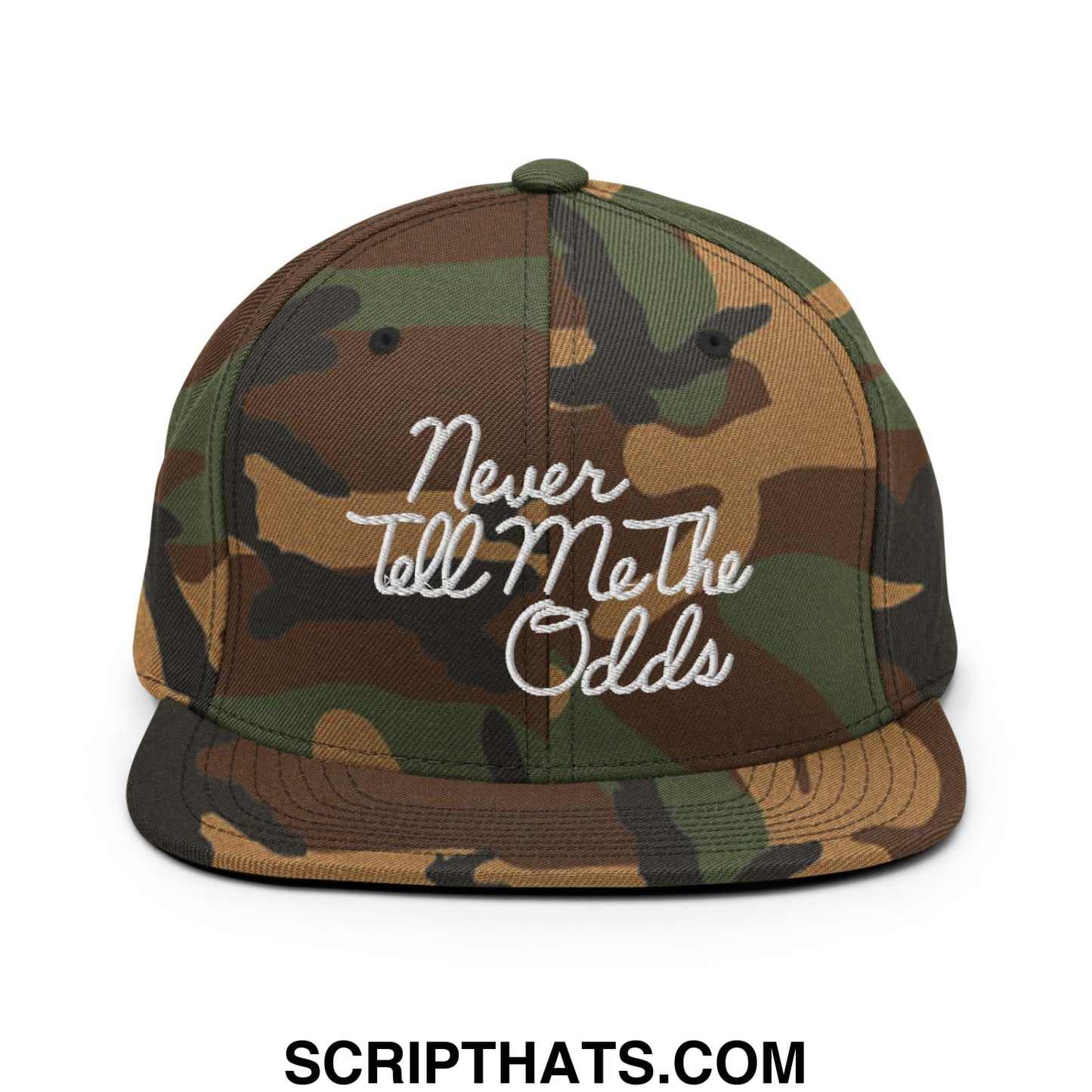 Never Tell Me The Odds Embroidered Flat Bill Brim Snapback Hat Green Camo