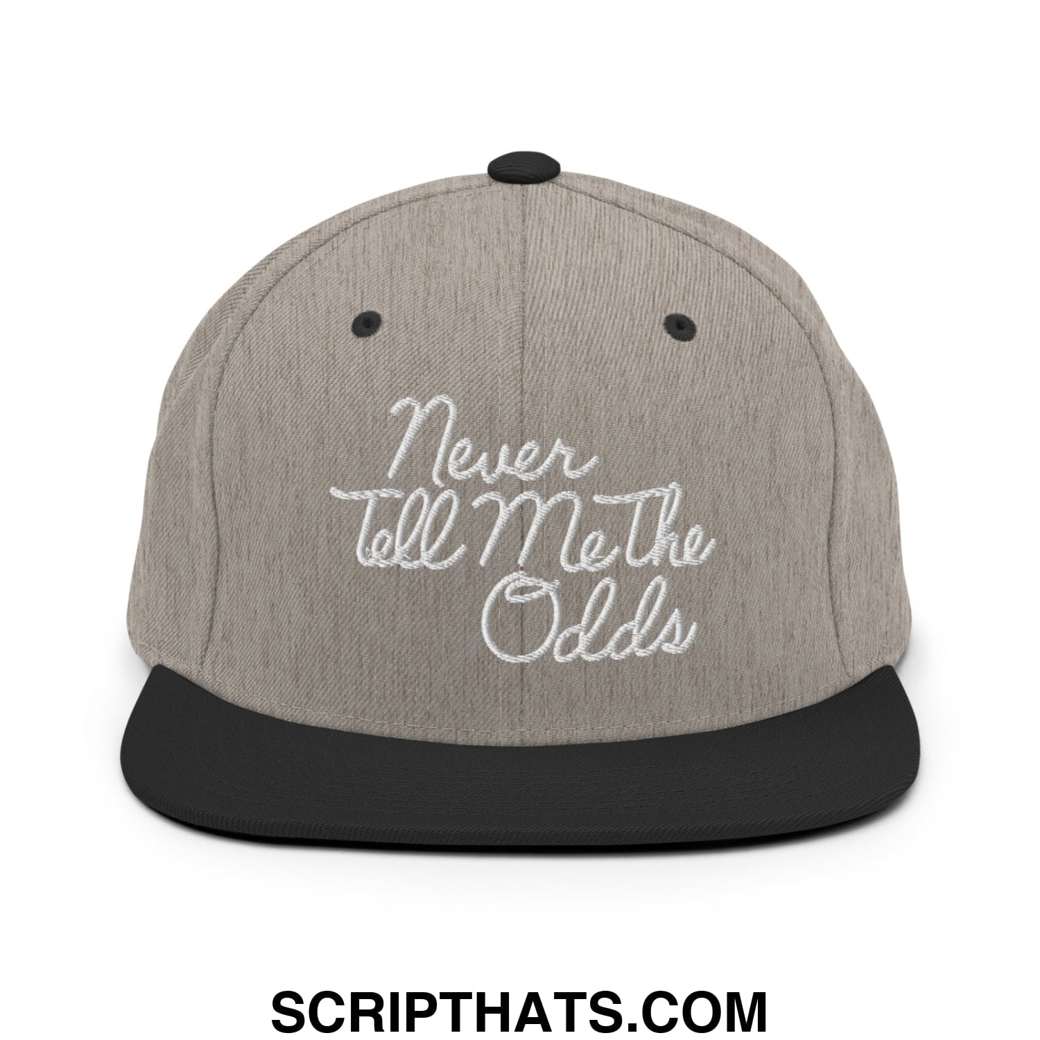 Never Tell Me The Odds Embroidered Flat Bill Brim Snapback Hat Heather Black