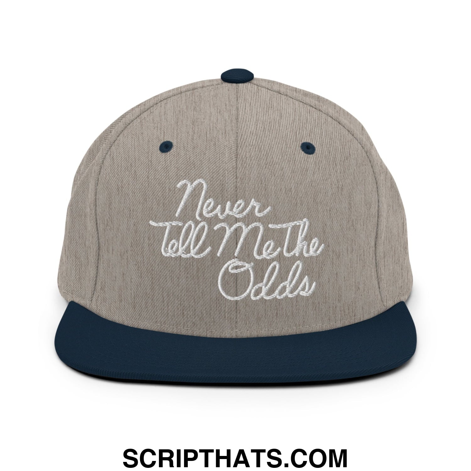 Never Tell Me The Odds Embroidered Flat Bill Brim Snapback Hat Heather Grey Navy