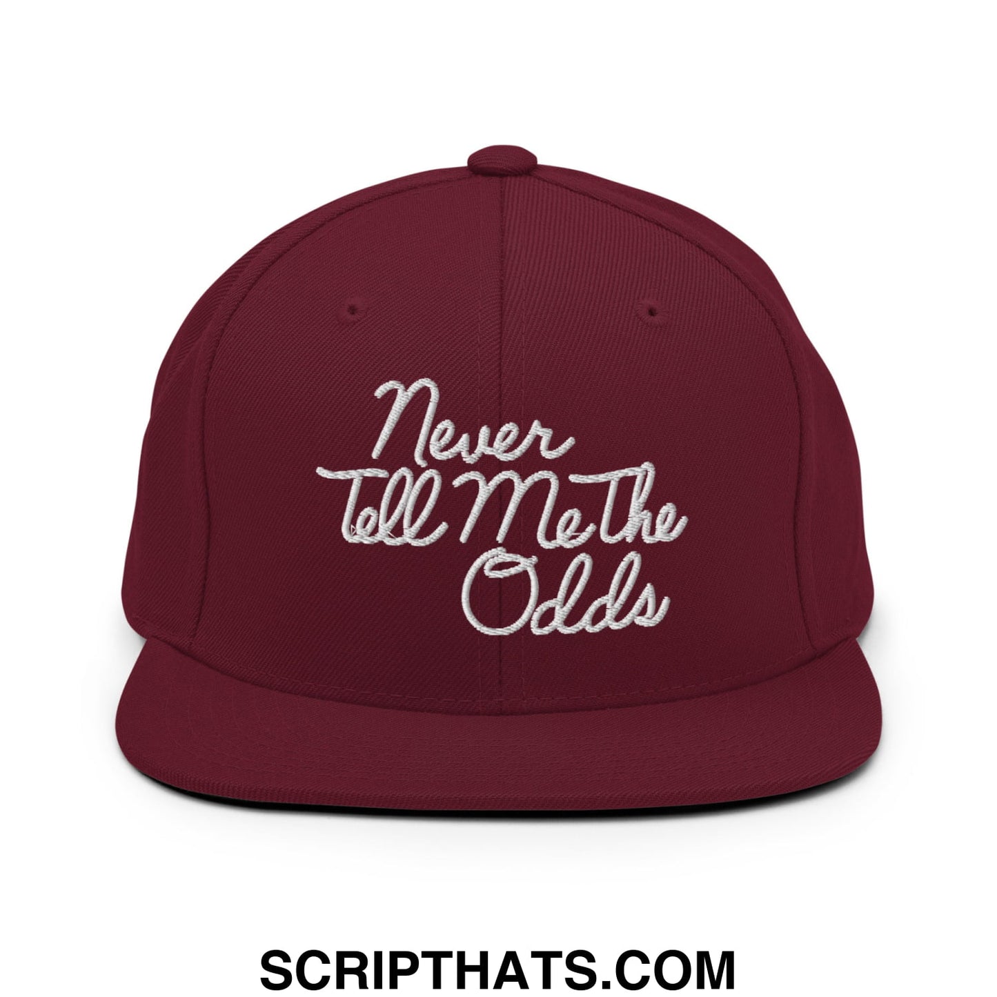 Never Tell Me The Odds Embroidered Flat Bill Brim Snapback Hat Maroon