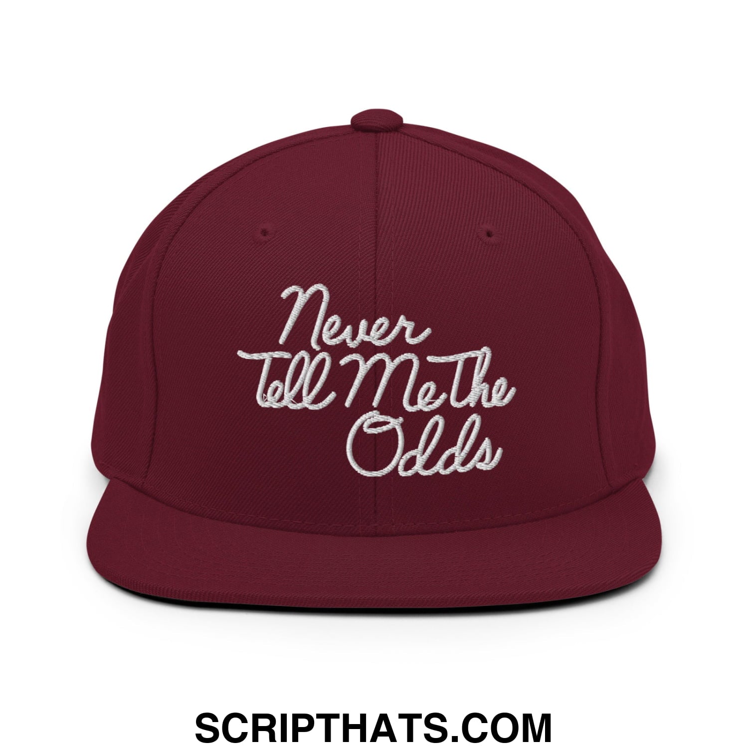 Never Tell Me The Odds Embroidered Flat Bill Brim Snapback Hat Maroon
