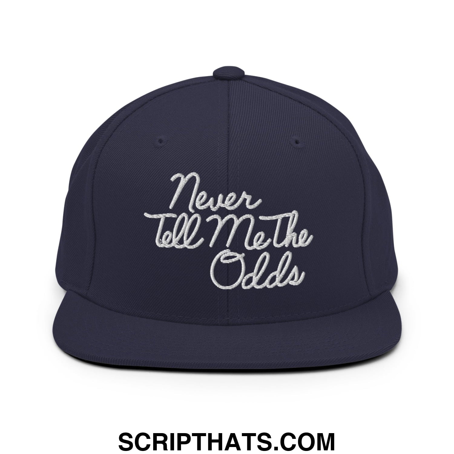 Never Tell Me The Odds Embroidered Flat Bill Brim Snapback Hat Navy