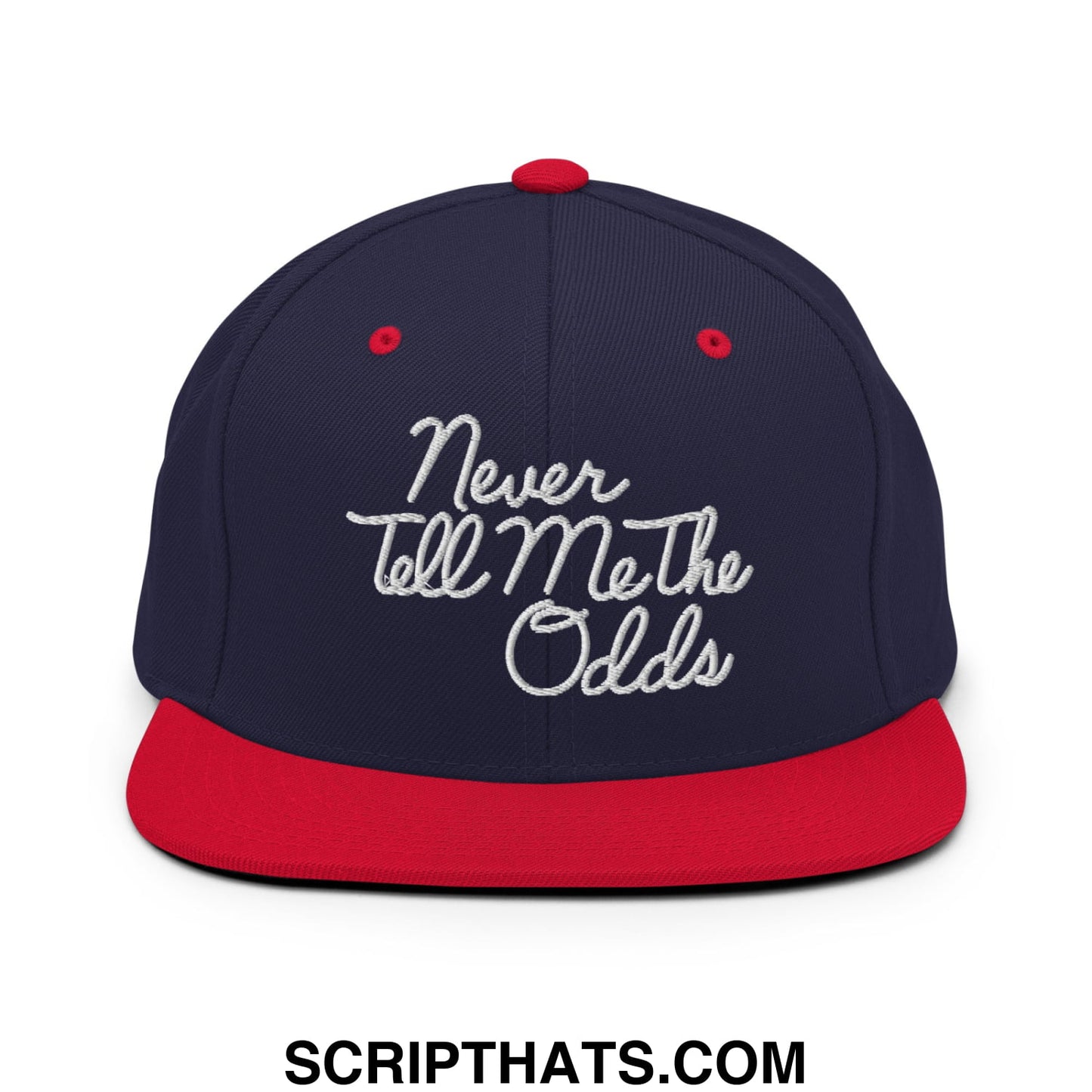 Never Tell Me The Odds Embroidered Flat Bill Brim Snapback Hat Navy Red