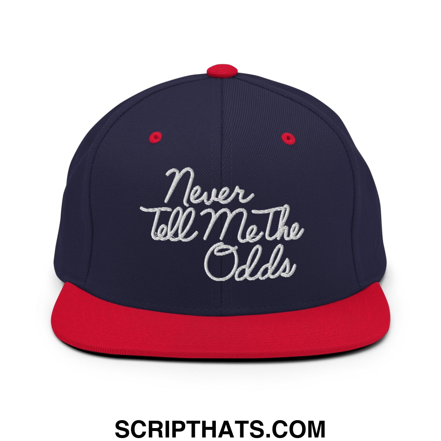 Never Tell Me The Odds Embroidered Flat Bill Brim Snapback Hat Navy Red