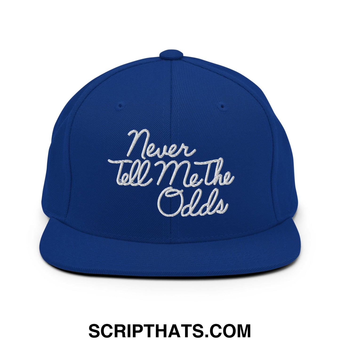 Never Tell Me The Odds Embroidered Flat Bill Brim Snapback Hat Royal Blue