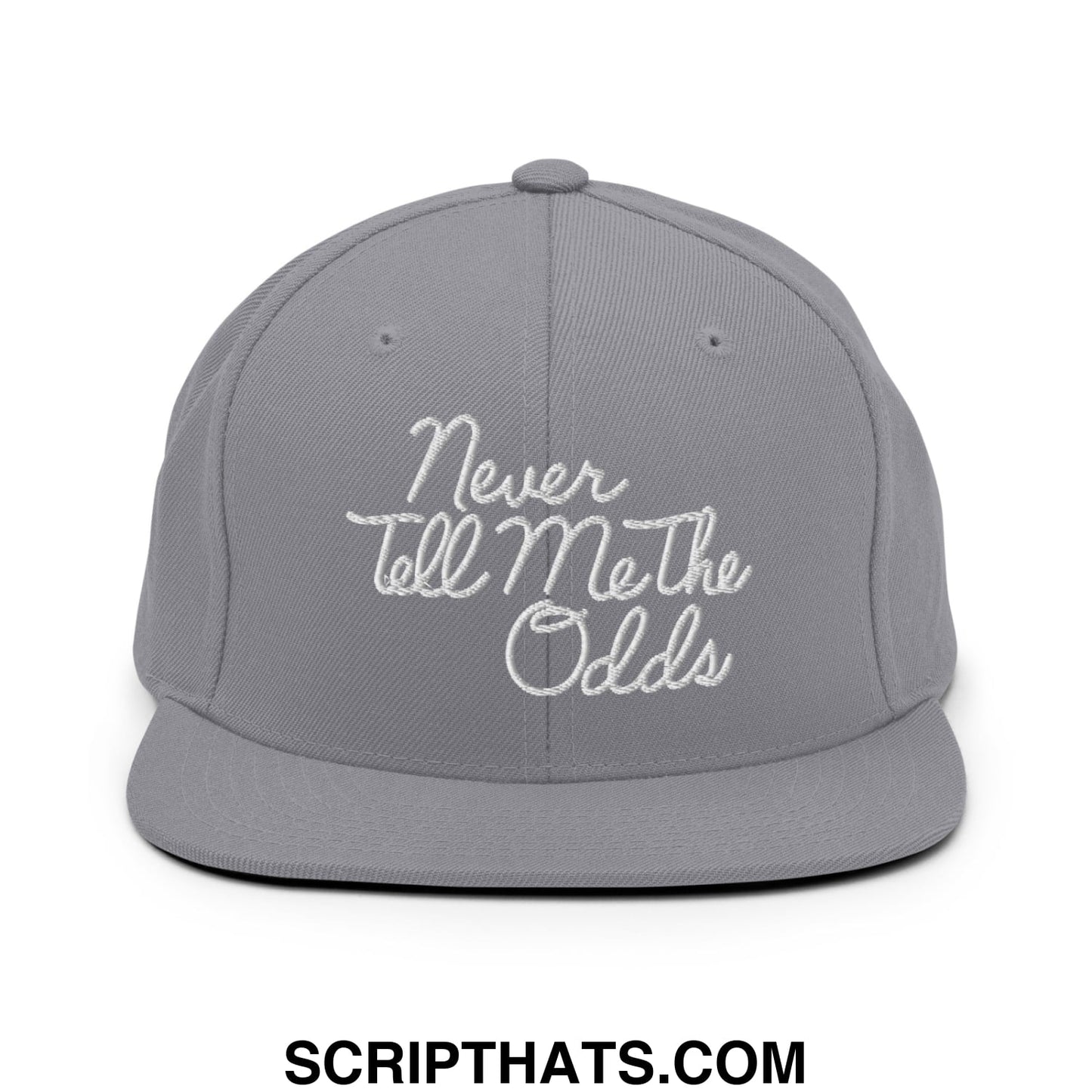 Never Tell Me The Odds Embroidered Flat Bill Brim Snapback Hat Silver