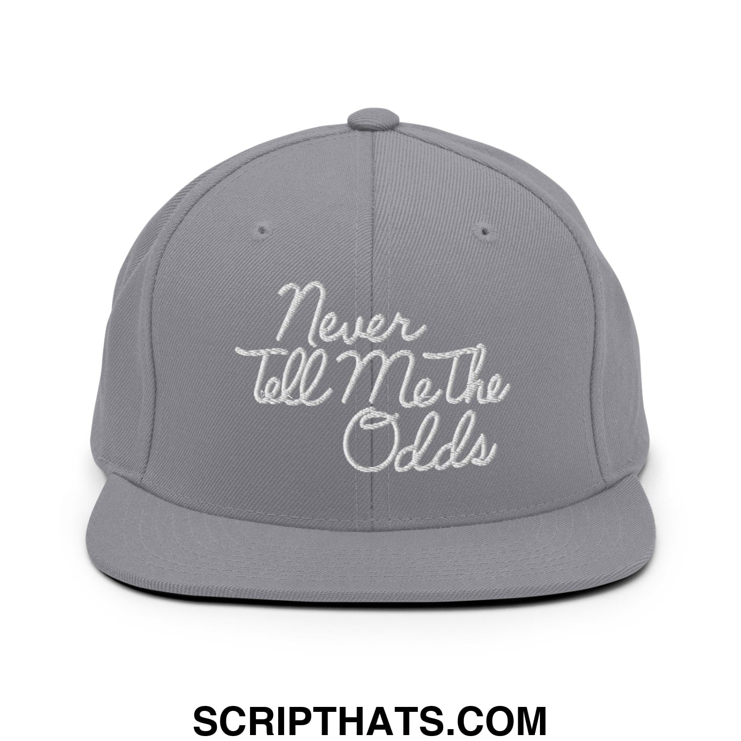 Never Tell Me The Odds Embroidered Flat Bill Brim Snapback Hat Silver