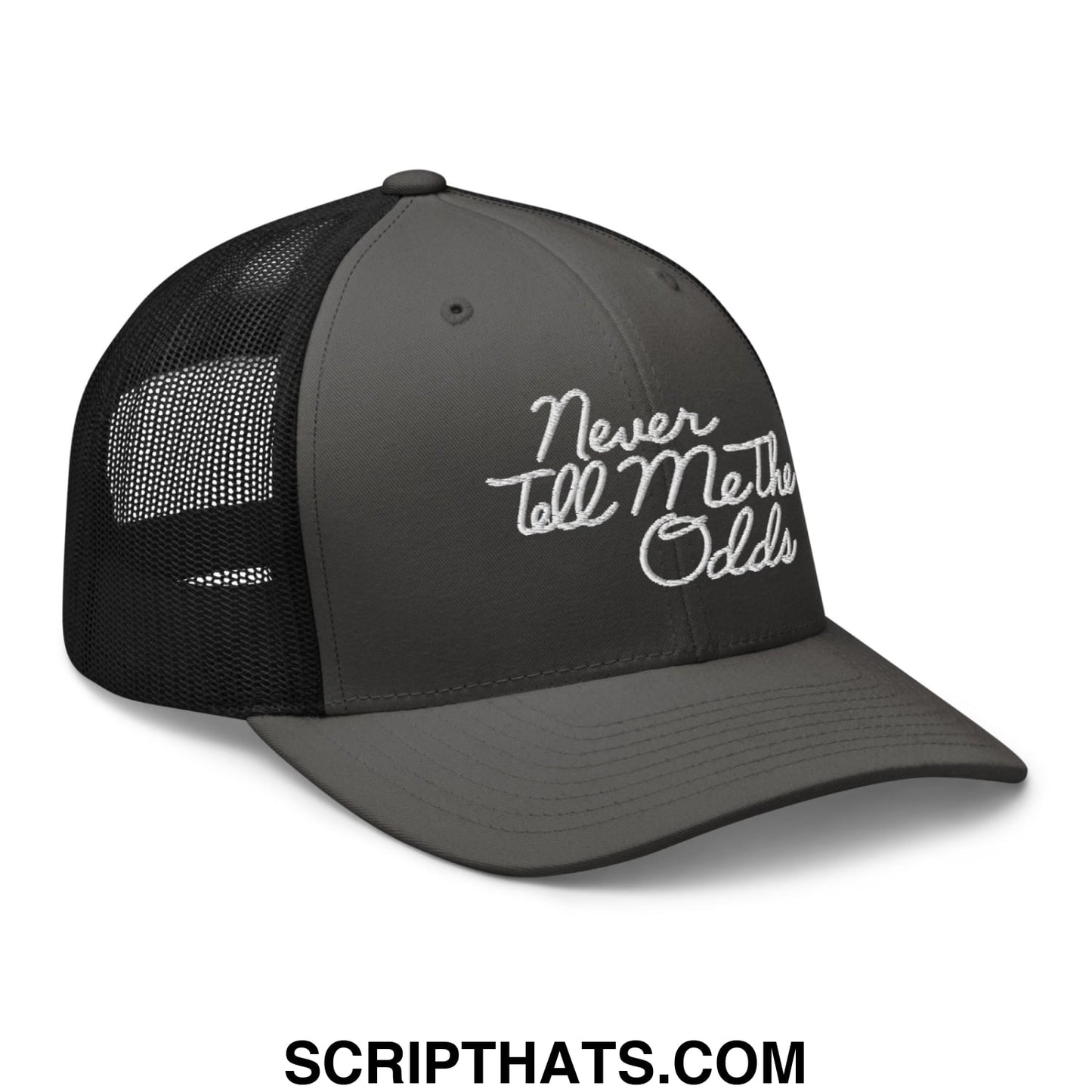 Never Tell Me The Odds Embroidered Mesh Trucker Hat Charcoal Black