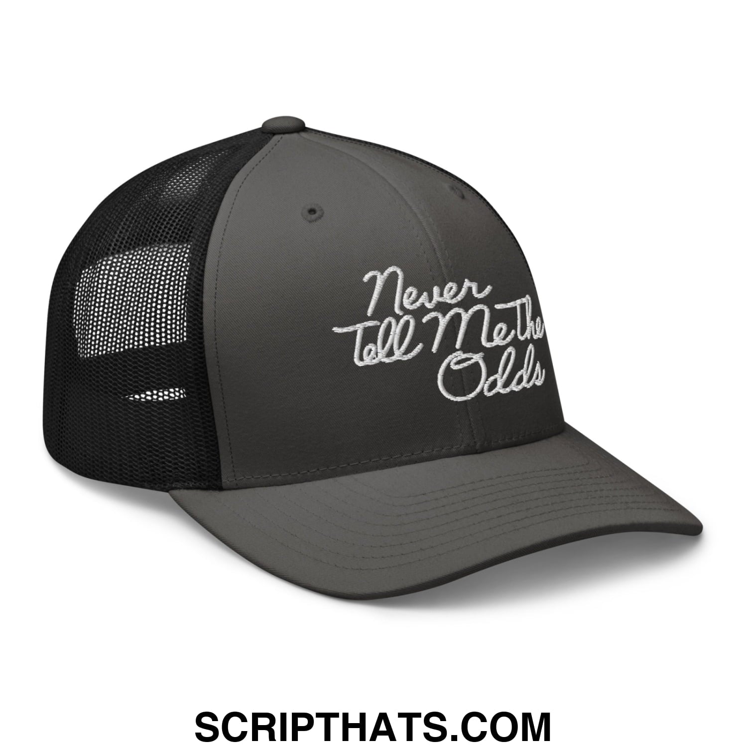 Never Tell Me The Odds Embroidered Mesh Trucker Hat Charcoal Black