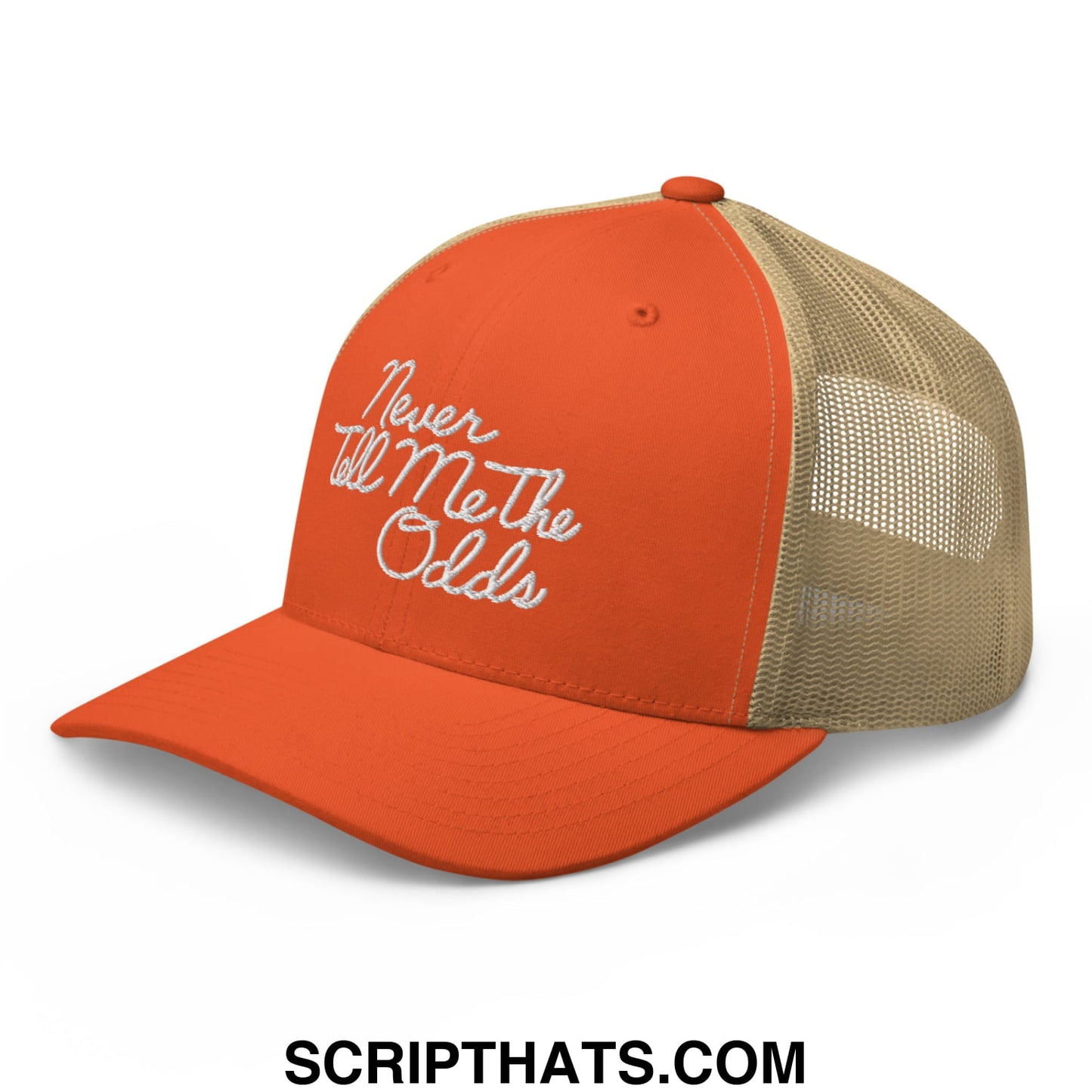 Never Tell Me The Odds Embroidered Mesh Trucker Hat Rustic Orange Khaki