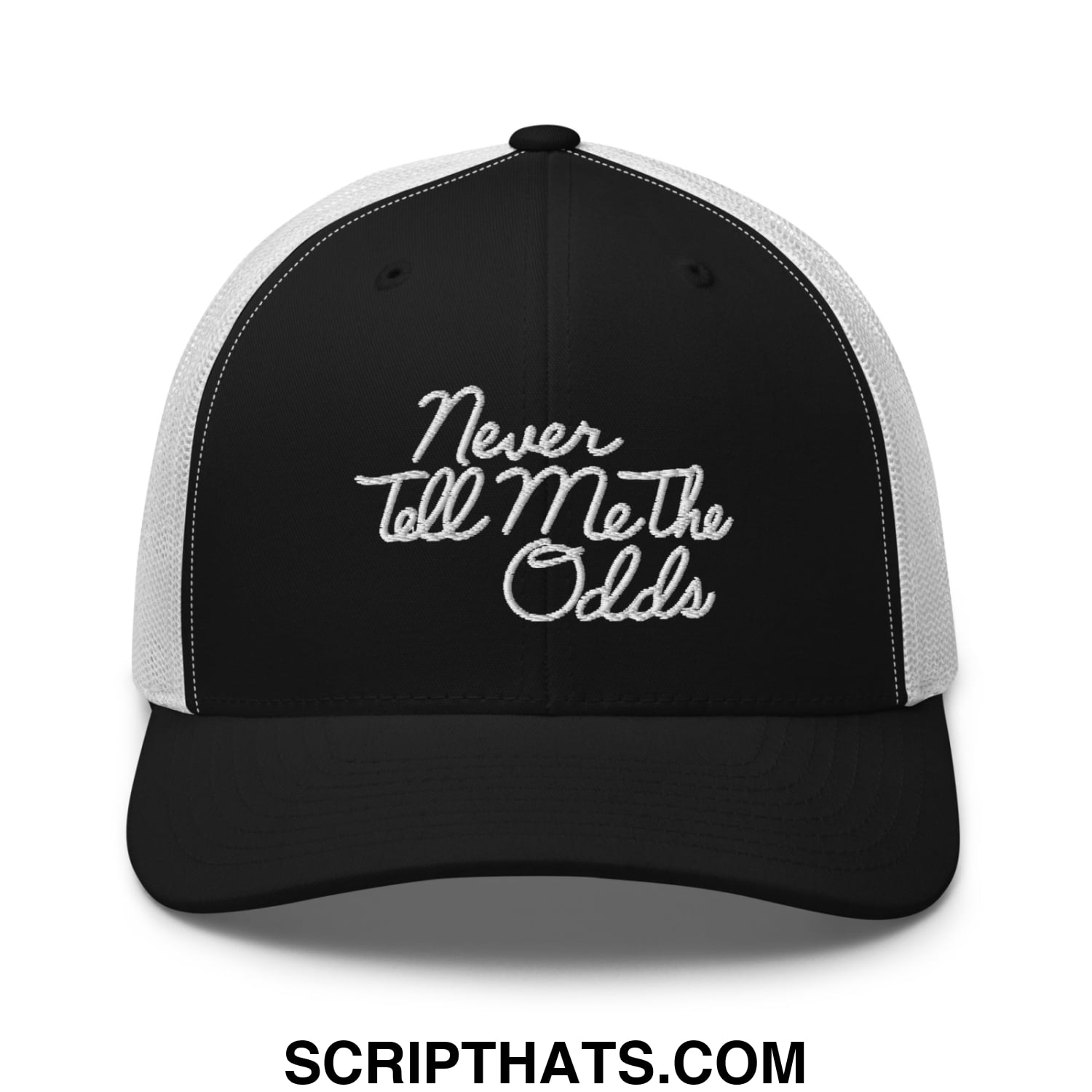 Never Tell Me The Odds Embroidered Mesh Trucker Hat Black White